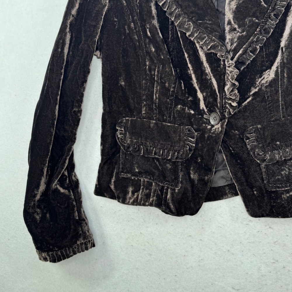 INC Velvet Blazer Womens Medium Brown Ruffle Trim Victorian Goth Jacket - Picture 9 of 13